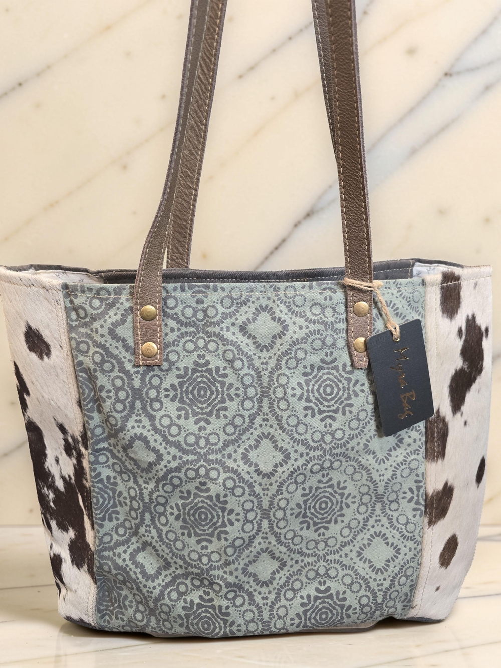 Myra Bag Floral Chic Canvas Tote Teal Cow Print Western Boho - Picture 2 of 8
